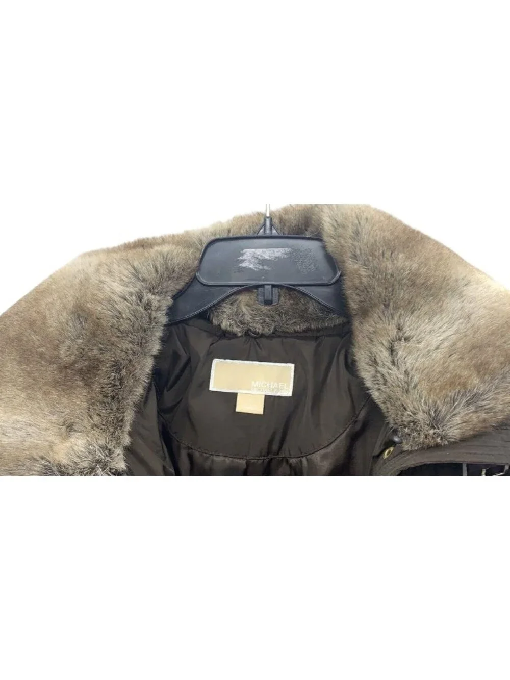 Michael Kors Womens Puffer Coat W/ Faux Fur Collar Brown Size L